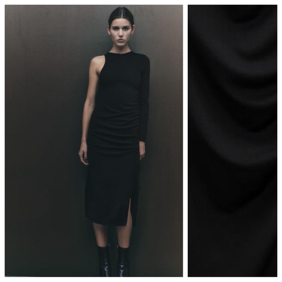 NWT. Zara Black Asymmetric Draped Midi Dress. Size M. - Picture 1 of 10